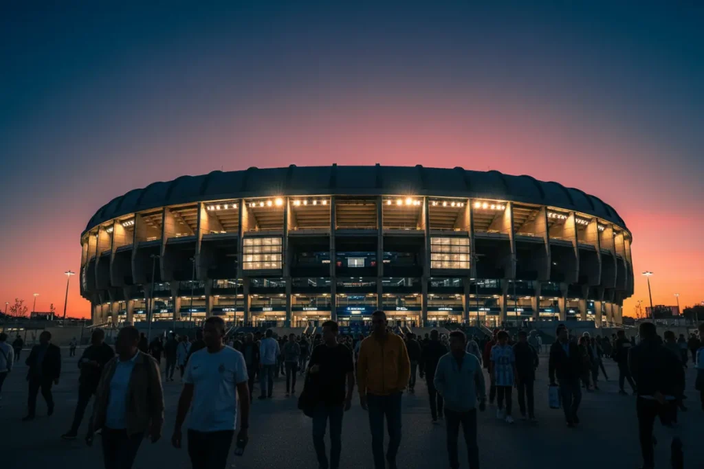 Estadio Santiago Bernabéu iluminado de noche antes de un partido de fútbol europeo